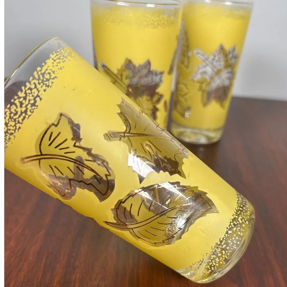 Libbey Glasses Yellow Frosted Highball Copper Leaf MCM Retro Barware THREE 1950s